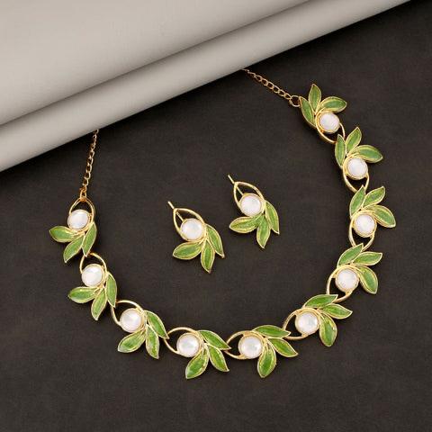 Emerald Leaf Pearl Necklace Set